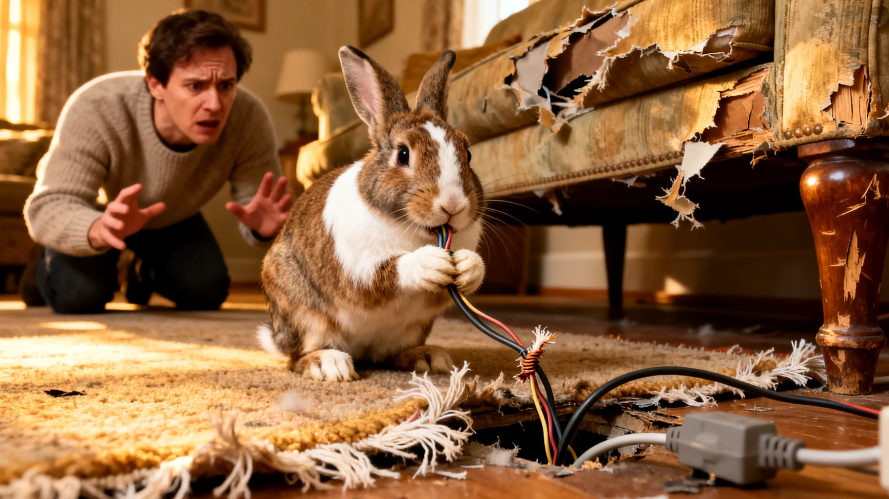 Erwachsene Kaninchen zeigen häufig destruktives Verhalten wie Nagen an Möbeln, Kabeln und Teppichen, wenn sie nicht ausreichend beschäftigt werden oder ihre natürlichen Nagebedürfnisse nicht erfüllt sind"